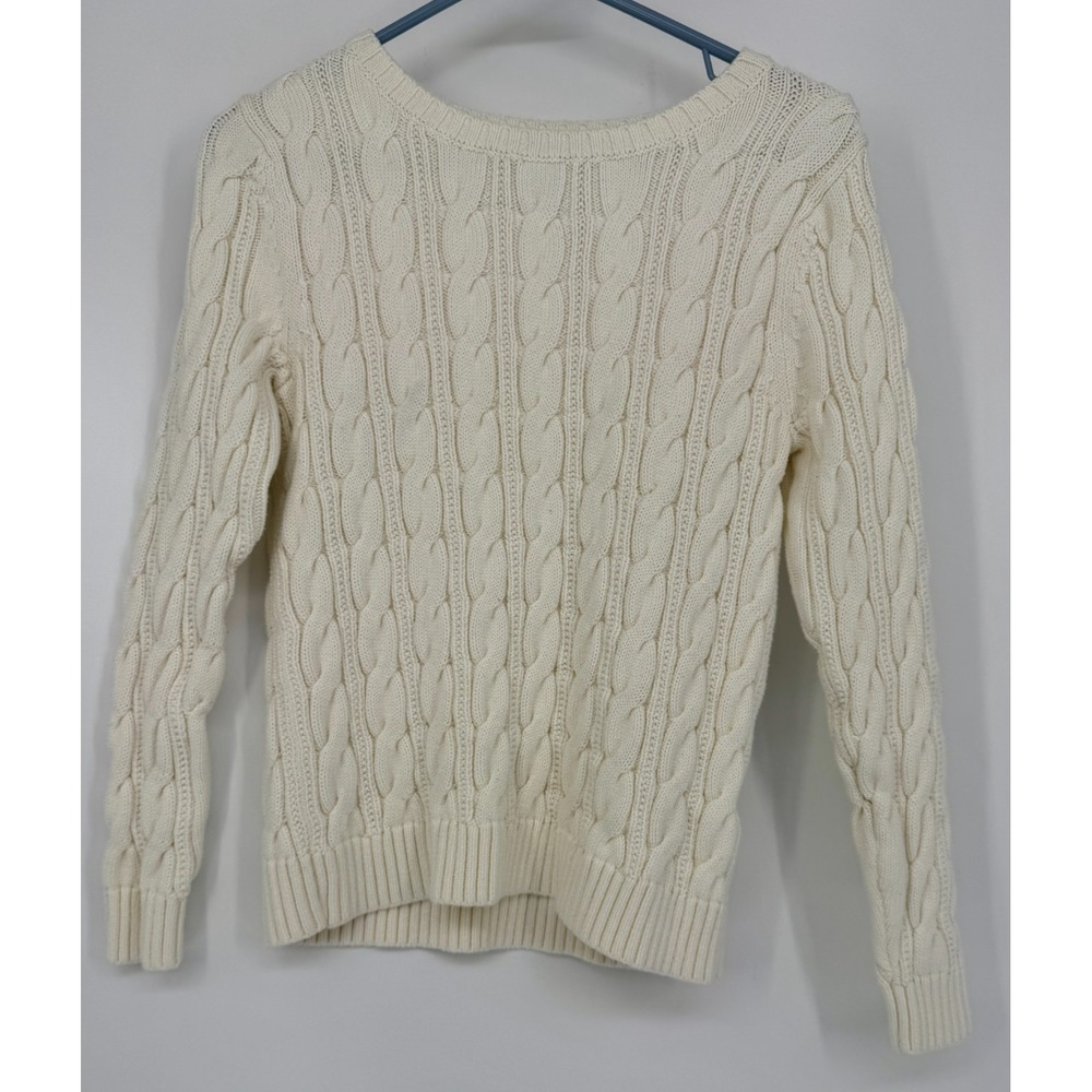 Lands End Drifter Cable Knit Sweater Womens S Petite Cream‎ Fisherman Preppy